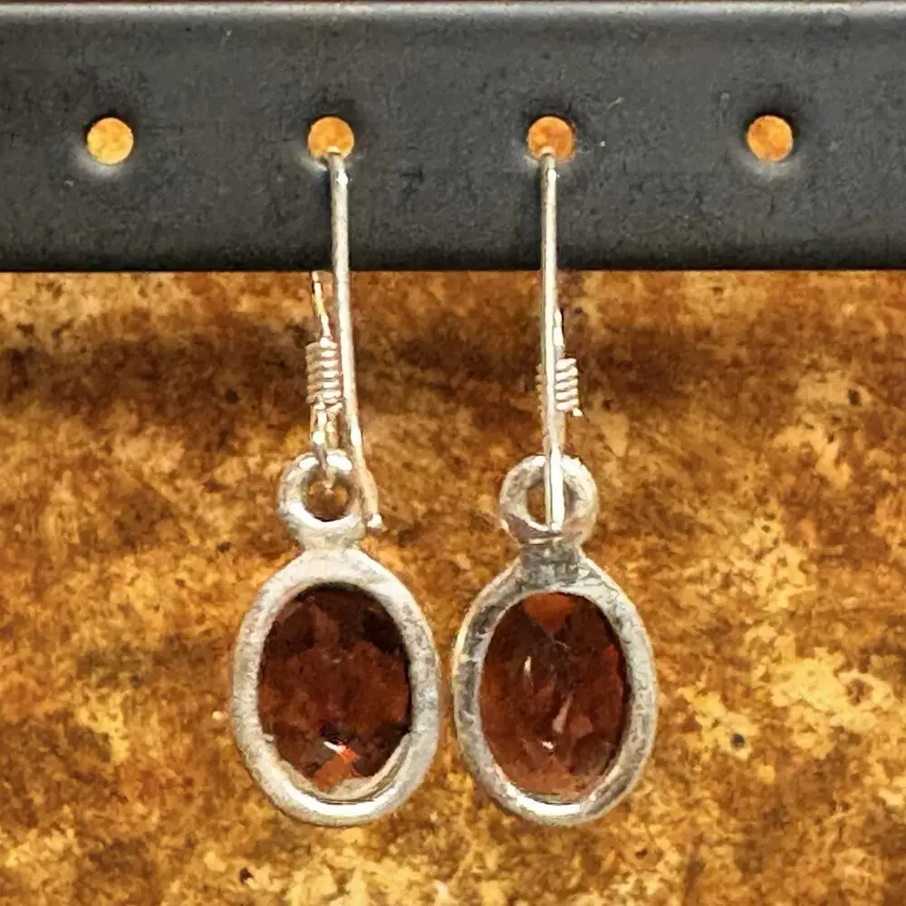 Sterling Silver & Garnet Earrings Oval Shaped Dangle/Drop